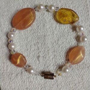 Orange faux pearl magnetic clasp beaded bracelet